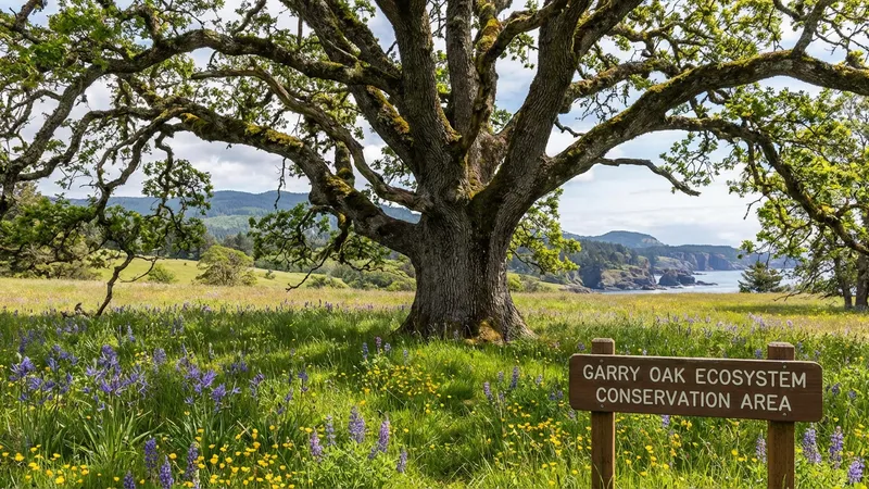 Mature Garry oak tree in a protected conservation meadow on Vancouver Island