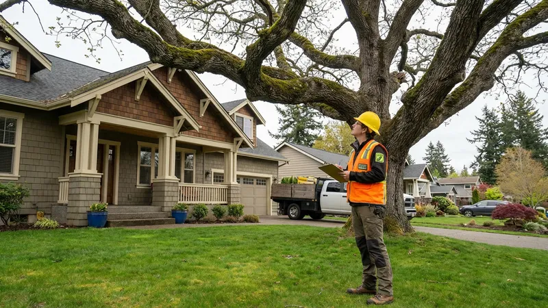 Certified arborist inspecting a mature Garry oak tree on a residential property