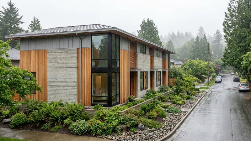 Modern West Coast contemporary multi-unit building with cedar and concrete materials