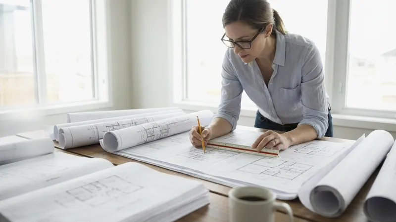 Architect reviewing detailed residential building blueprints and floor plans
