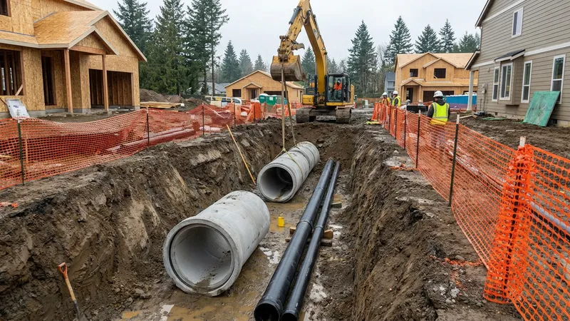Civil engineering infrastructure work showing storm and sanitary sewer pipe installation in residential subdivision