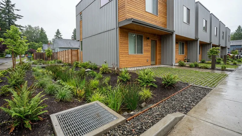 Engineered stormwater management system with rain garden and catch basin at multi-unit residential development