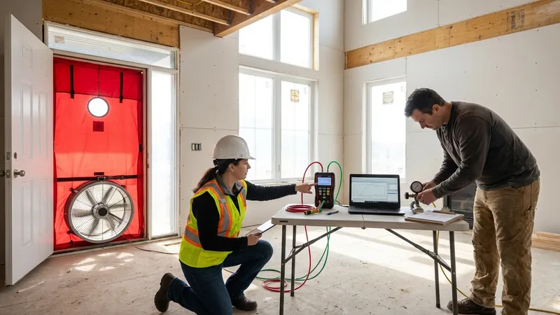 Building envelope consultant performing blower door airtightness test on new residential building