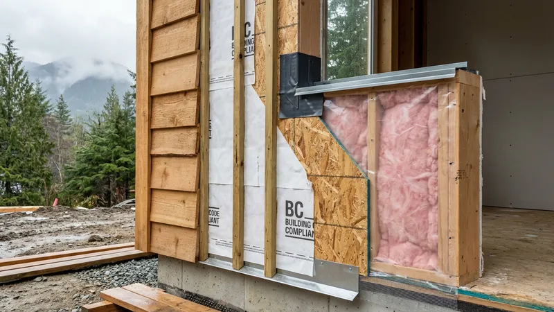 Cross-section of rain screen wall assembly showing drainage cavity and weather barrier during construction