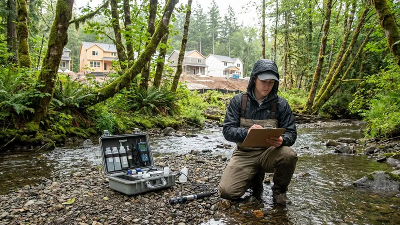 Environmental consultant conducting stream assessment near residential development with water testing equipment