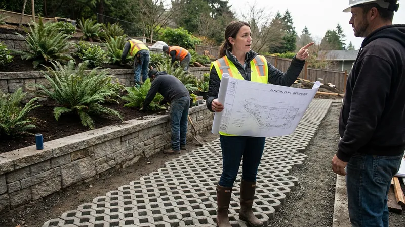 Landscape architect reviewing planting plans on a residential construction site with workers installing native plants