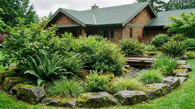 Established native Pacific Northwest rain garden with sword fern, Oregon grape, and natural stone borders
