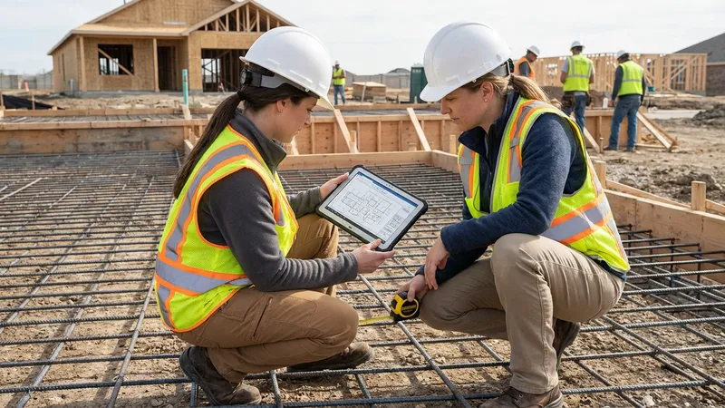 Structural engineers examining steel reinforcement rebar grid for a concrete foundation