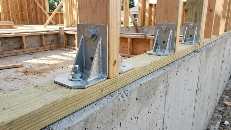 Seismic hold-down brackets and anchor bolts connecting wood frame to concrete foundation
