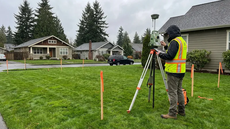 BC Land Surveyor using total station survey equipment on a residential property