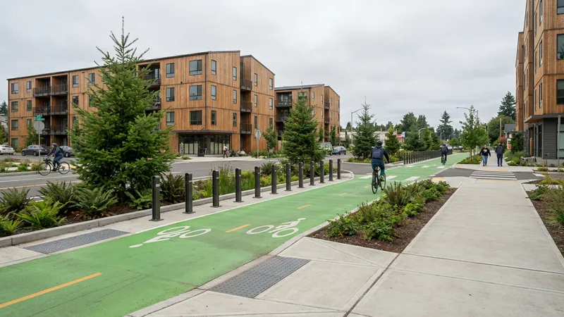 Well-designed pedestrian and cycling infrastructure at new multi-unit residential development with protected bike lane