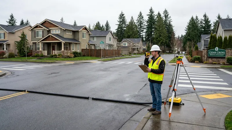 Traffic engineer conducting intersection assessment near residential development with survey equipment