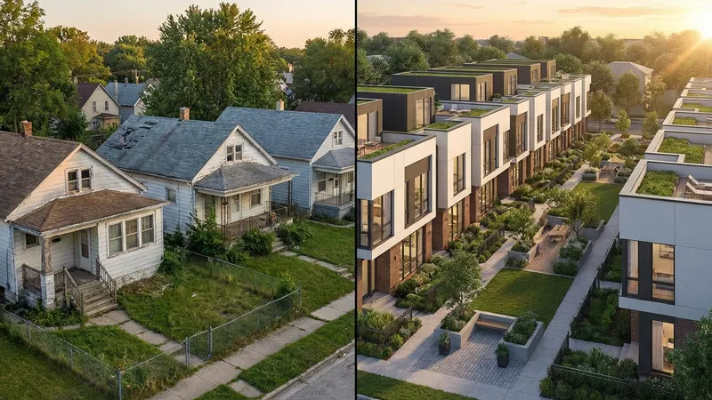 Land assembly before and after showing transformation from separate lots to unified development