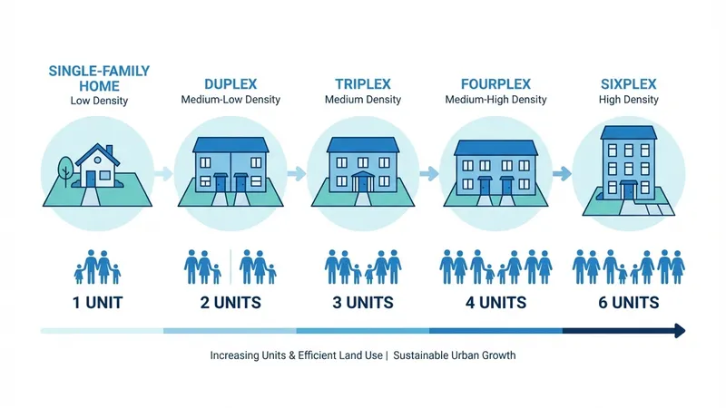 Visual progression from single-family home to multi-unit development