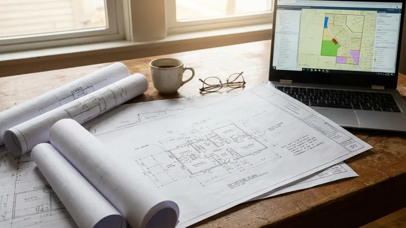 Planning blueprints and development plans on a desk