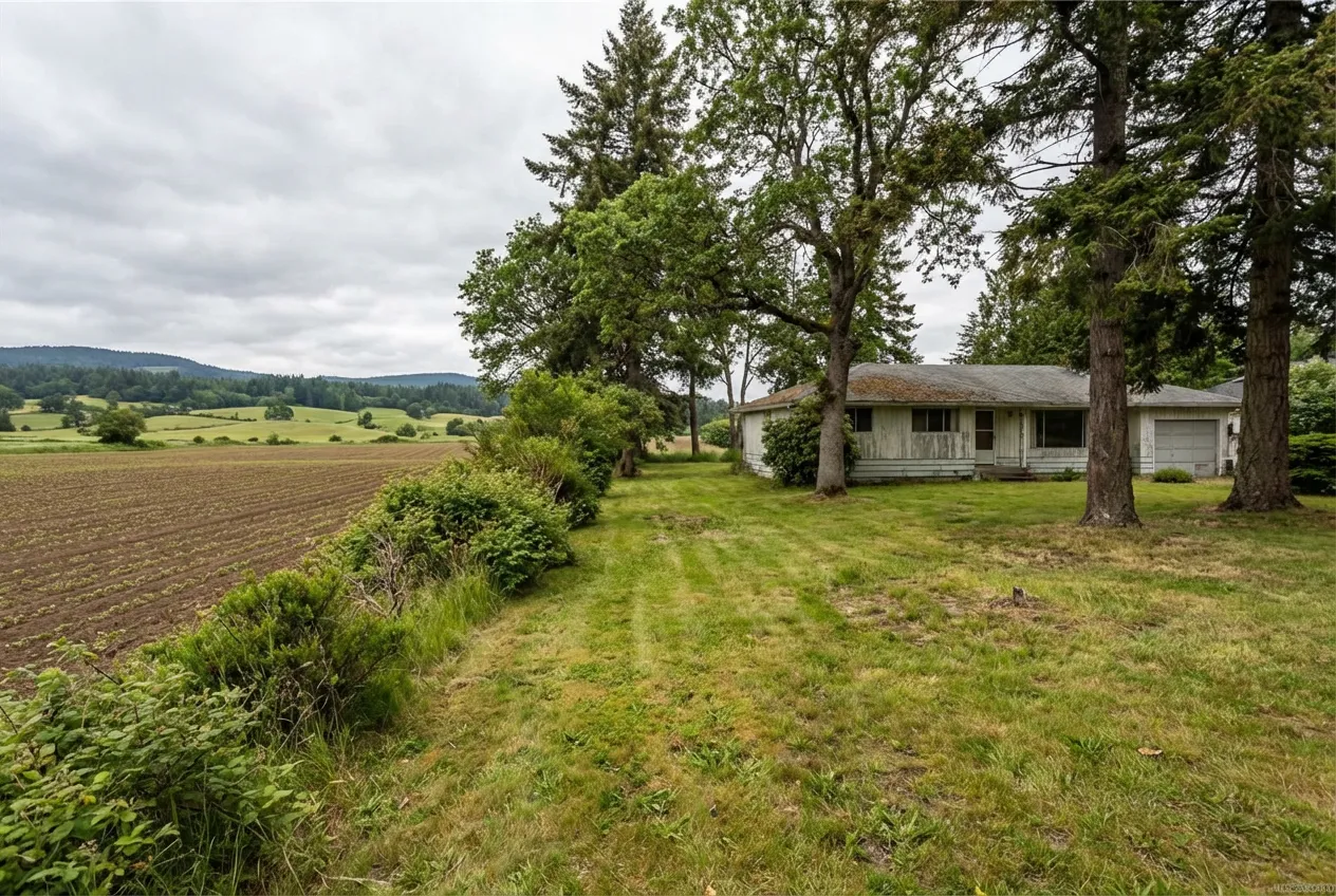 View across a property boundary in rural Central Saanich showing the transition from residential zoning to adjacent ALR agricultural land