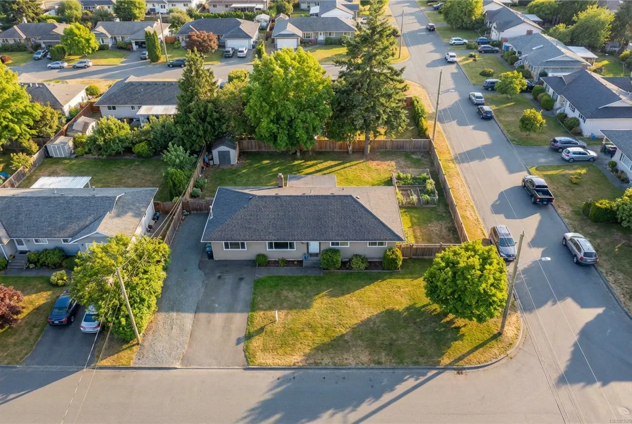 Overhead view of a typical Greater Victoria residential lot showing the relationship between setbacks, garage placement, and remaining buildable area