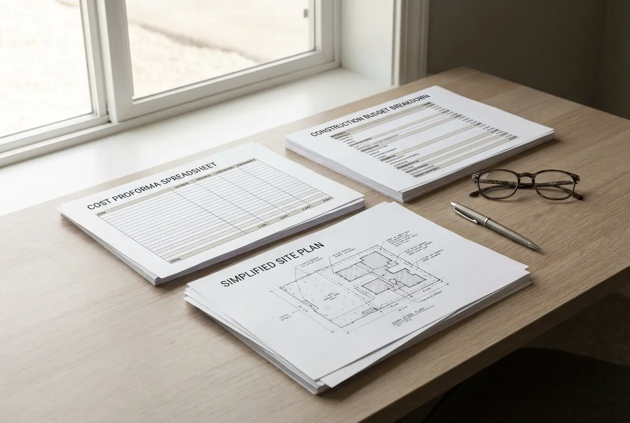 Development site assessment documents including proforma cost analysis and site plan review on a meeting table