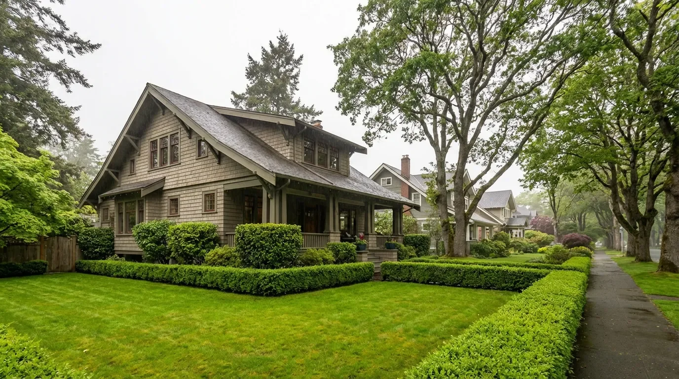 Craftsman heritage home on a tree-lined street in Oak Bay, Victoria BC, with manicured hedges and a spacious front yard, representative of the neighbourhood's RS-zoned residential stock