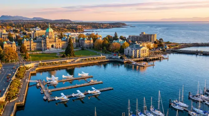 Victoria BC Inner Harbour aerial view at golden hour