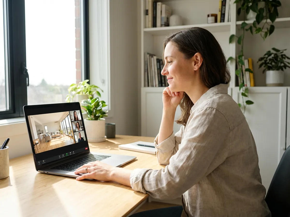 Buyer doing a remote video walkthrough of a home on laptop