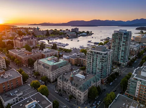 Victoria BC Inner Harbour and downtown skyline at golden hour, showing heritage buildings and waterfront