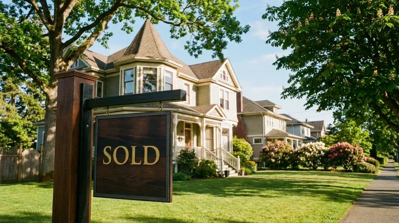 Sold real estate sign in front of a heritage home in Victoria BC on a sunny day