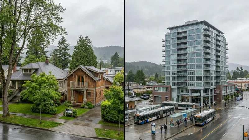 Side-by-side comparison of gentle density SSMUH housing and high-density transit-oriented development near a bus exchange