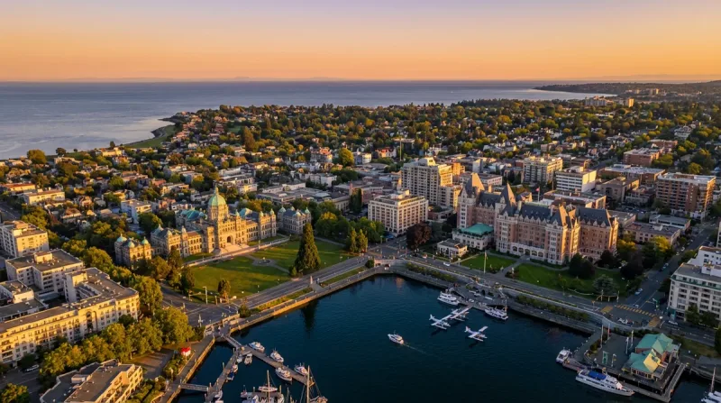Aerial view of Victoria BC Inner Harbour and downtown skyline at golden hour