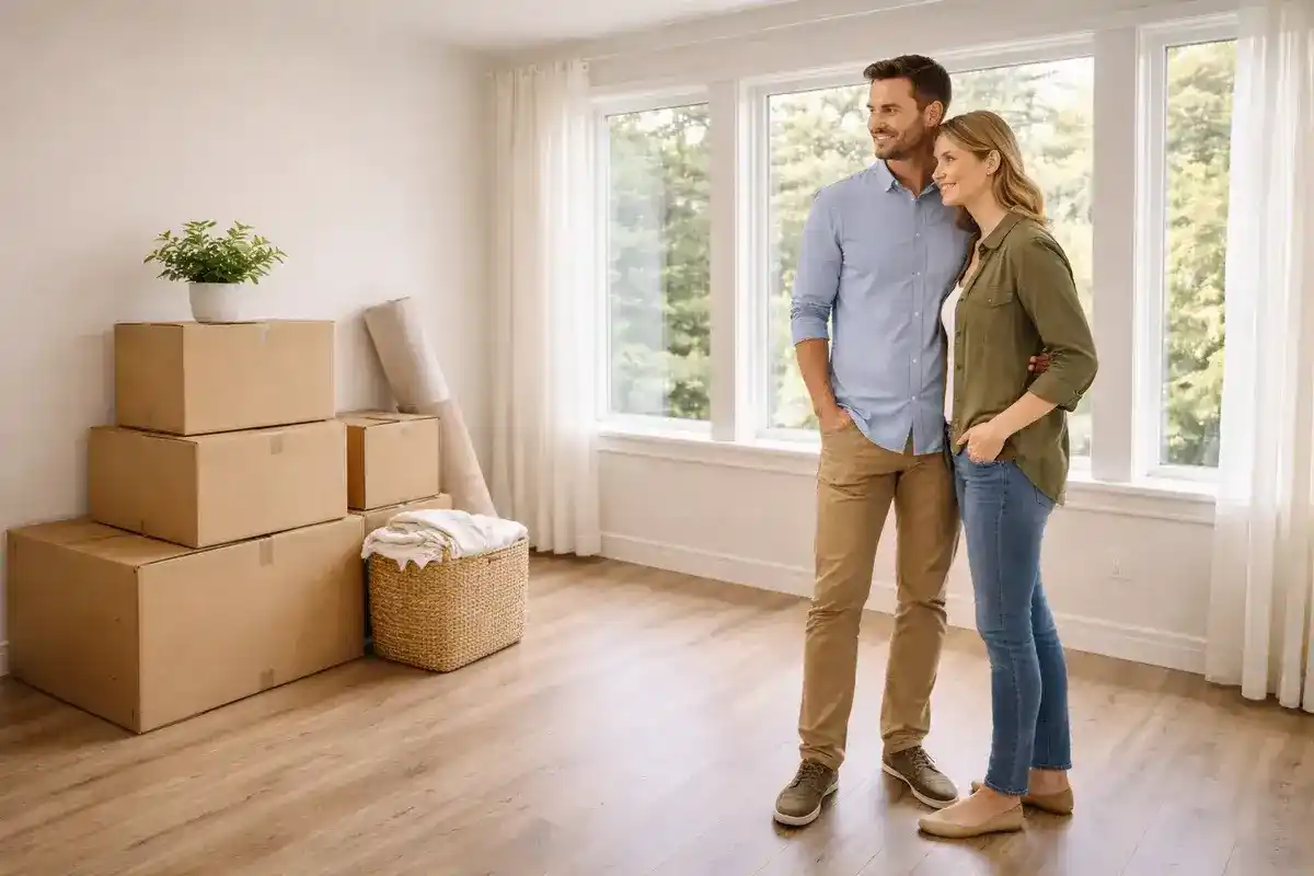 Happy couple on moving day in their new home