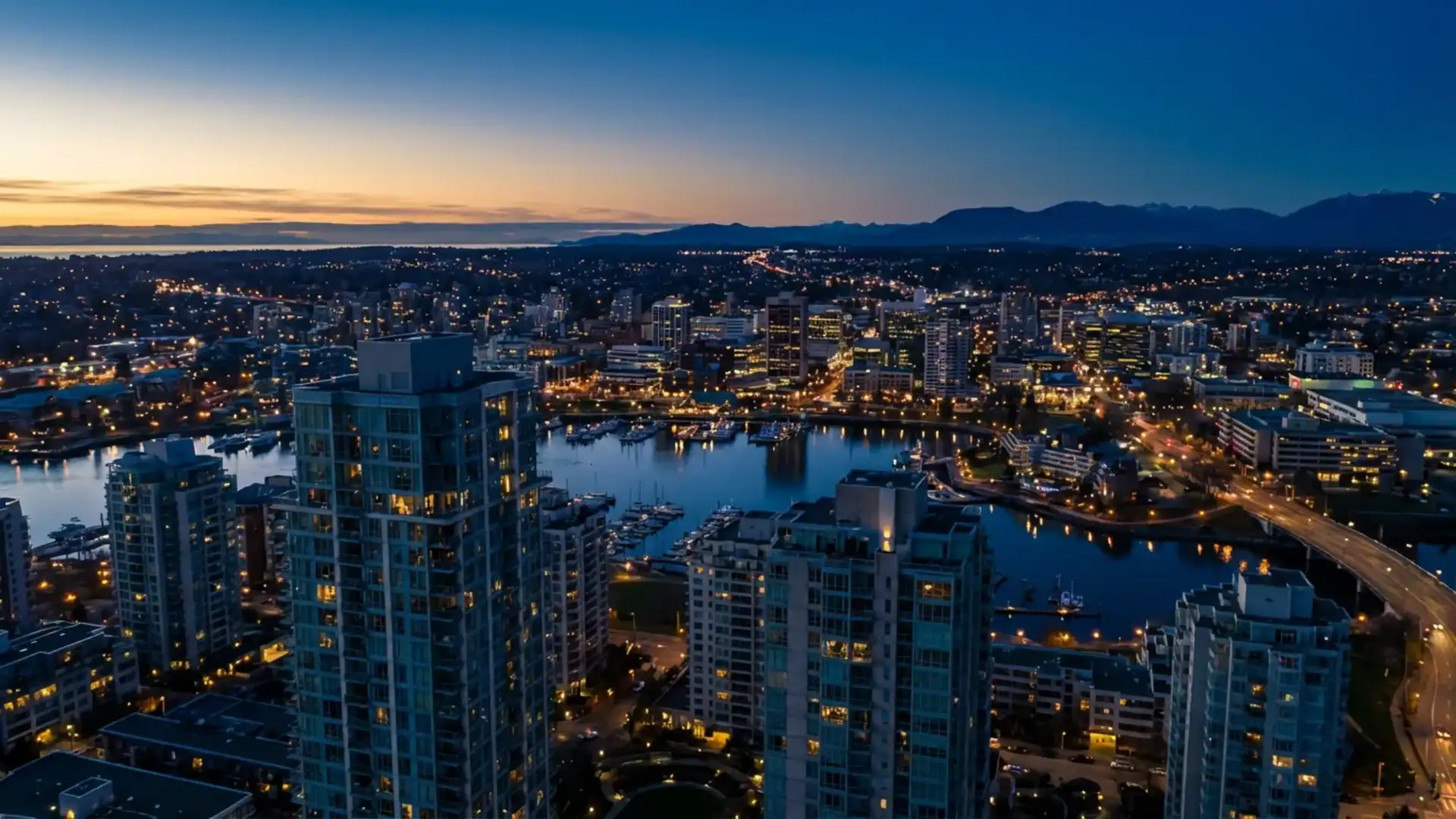 Aerial view of Greater Victoria at dusk