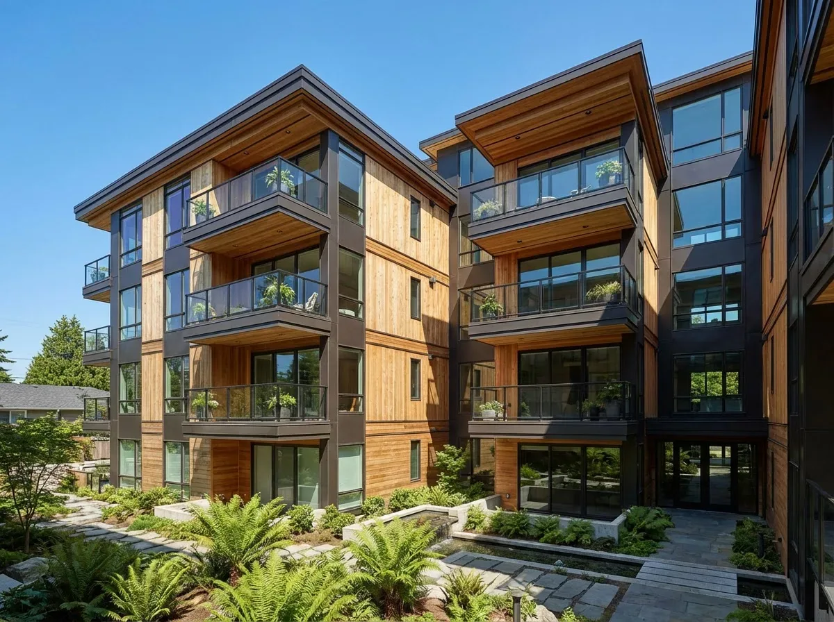 Modern multi-story condominium building in Pacific Northwest architectural style