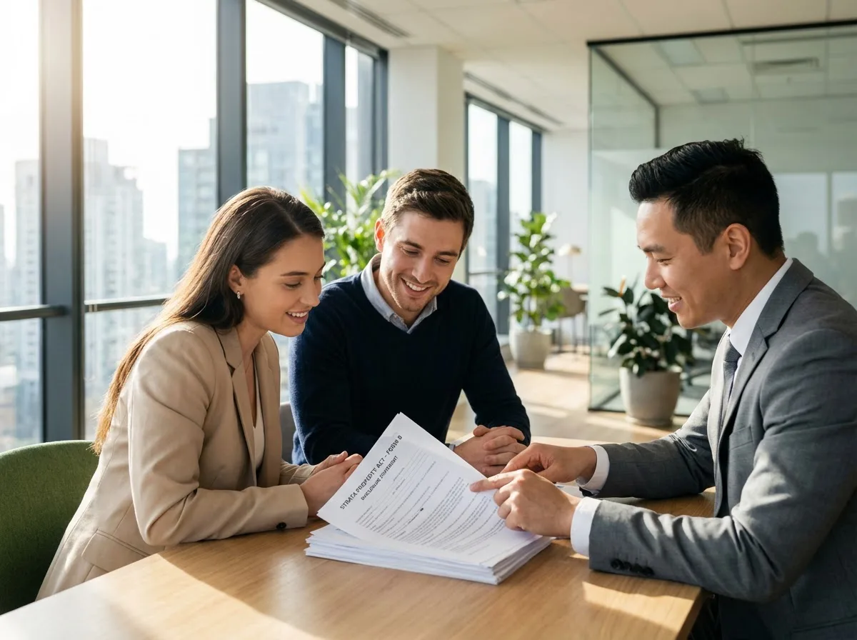 Couple reviewing strata documents with real estate agent