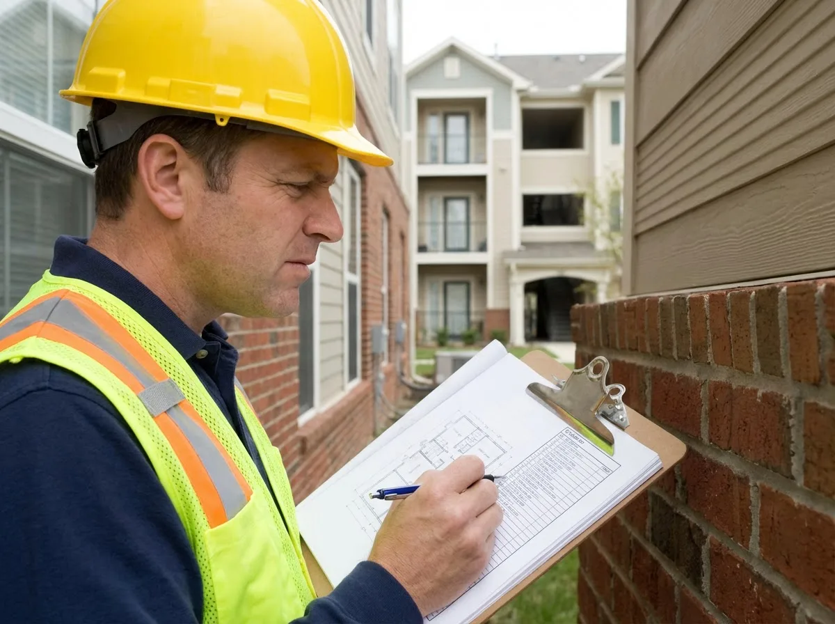 Building inspector reviewing depreciation report at a condominium