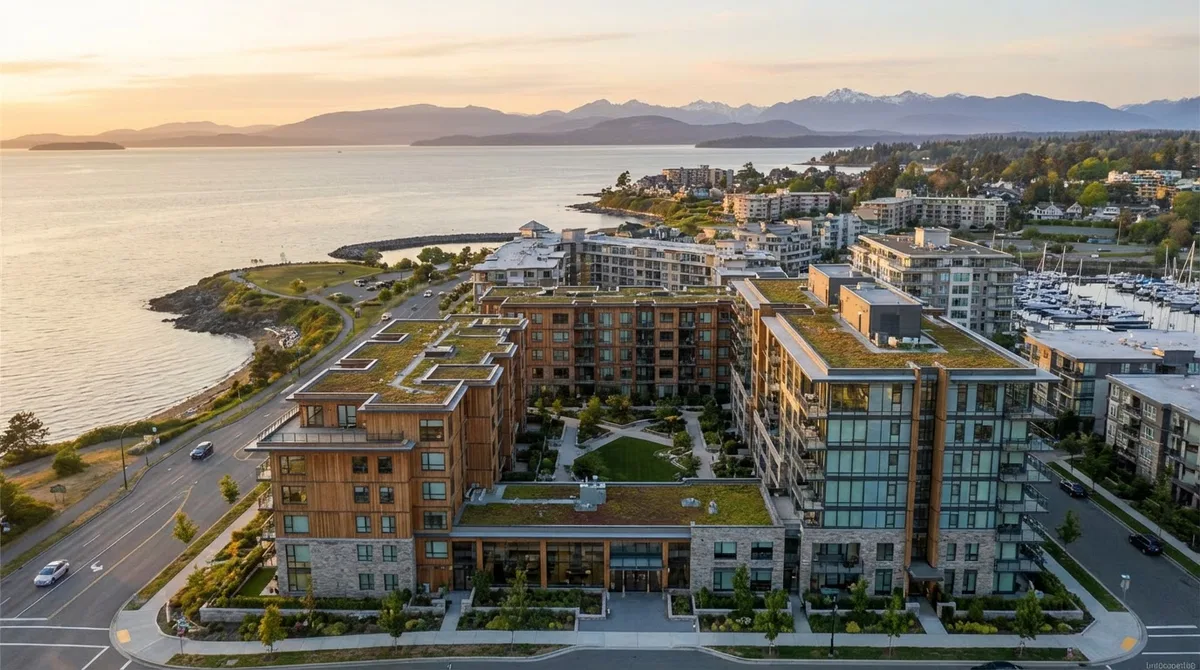 Aerial view of strata condominium complexes in Victoria BC with ocean and mountains