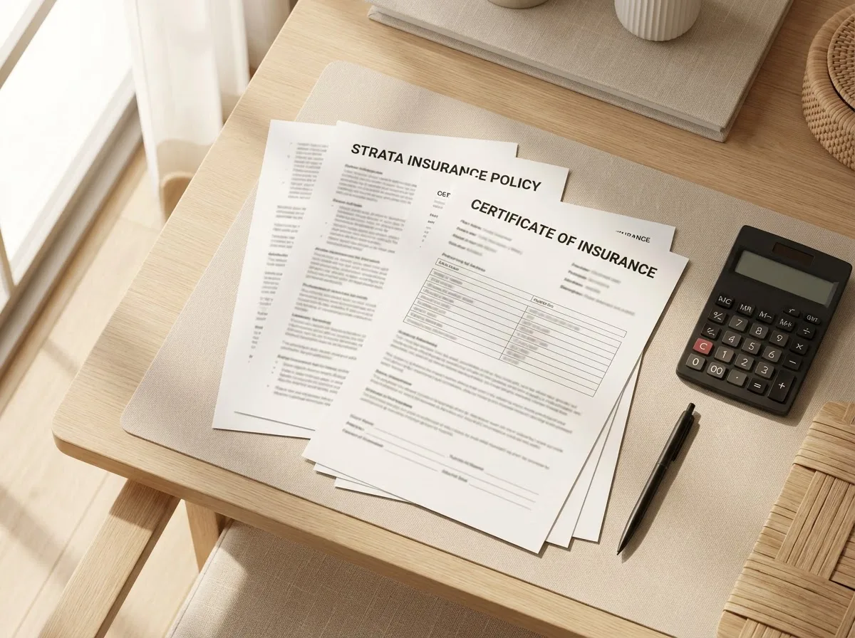 Strata insurance policy documents and certificate on desk