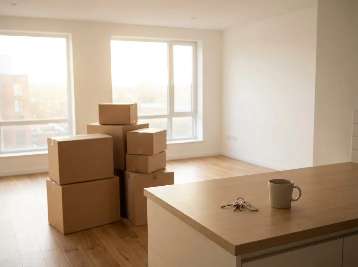 Moving boxes and keys in an apartment at end of tenancy