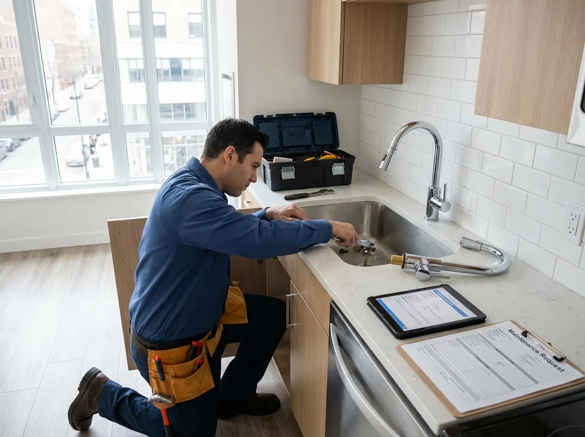 Maintenance worker repairing a kitchen faucet in a rental property